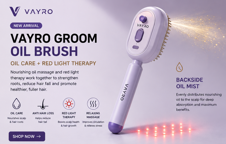 VAYRO Groom Oil Brush™ – Cordless Rechargeable Scalp Massage Oil Comb with Red Light Therapy
